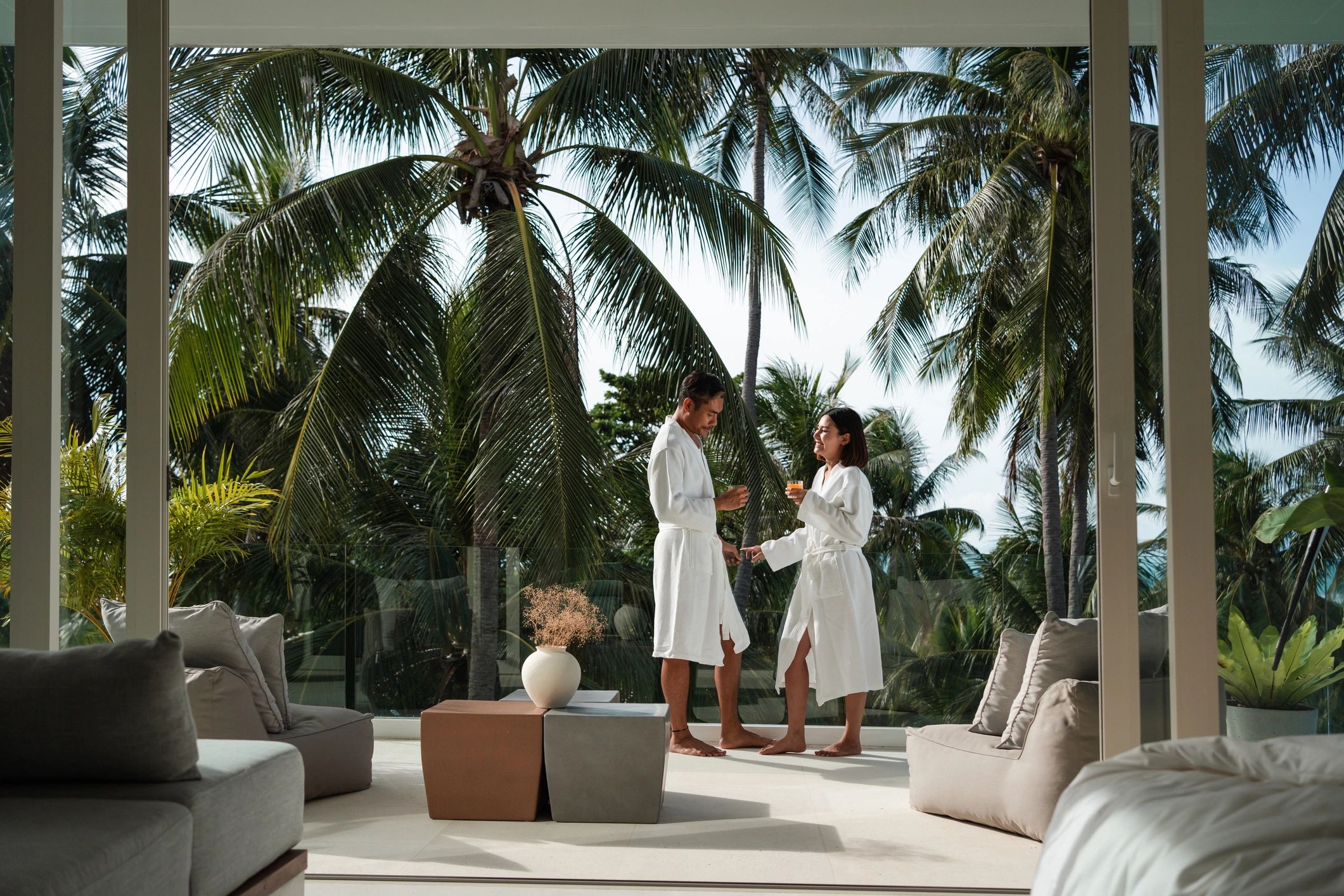 Couple enjoying a luxury resort balcony
